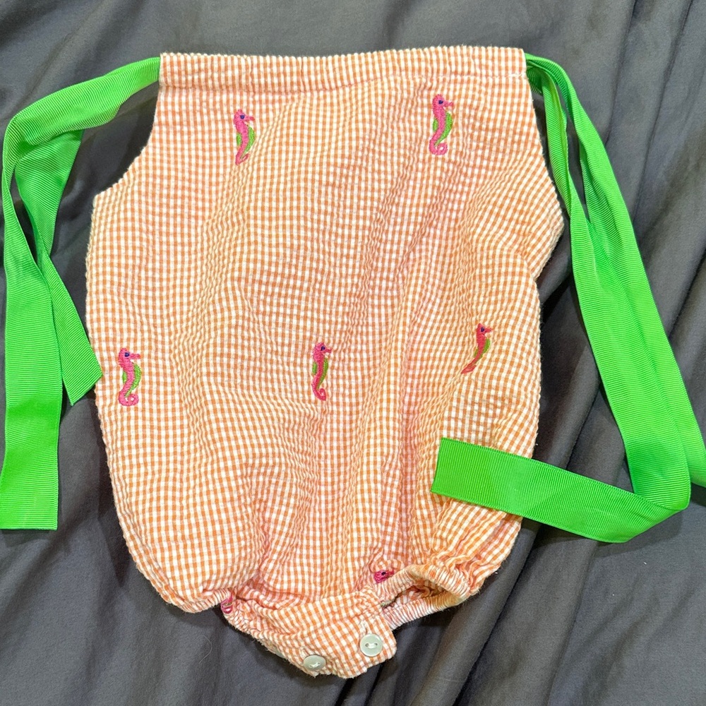 Gingham Seahorse Diaper Cover with Green Straps